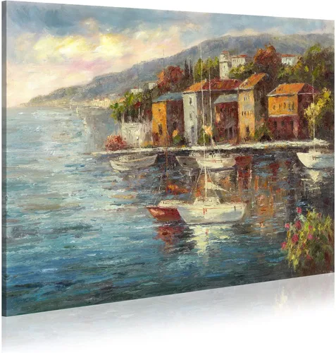 Miniatura 10 de Pintura de Italia lienzo al óleo arte de la pared: arte mediterráneo de paisaje urbano italiano, imagen de mar italiano, decoración moderna