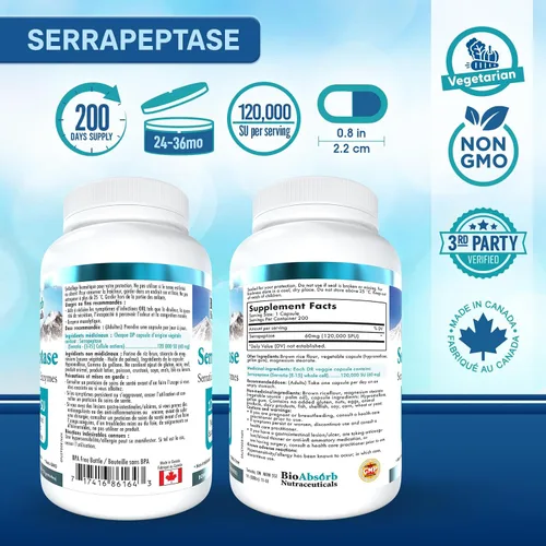 Miniatura 7 de Bio Absorb Serrapeptasa Enzima, alta potencia 120000 unidades (SPU), suministro de 200 días, cápsulas vegetarianas de liberación retardada (DRcaps)