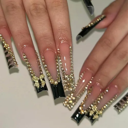 Miniatura 11 de MISUD - Uñas postizas largas cuadradas con pegamento de Rojo Gótico y Negro, diseño cruzado gótico Y2K acrílico, 24 piezas