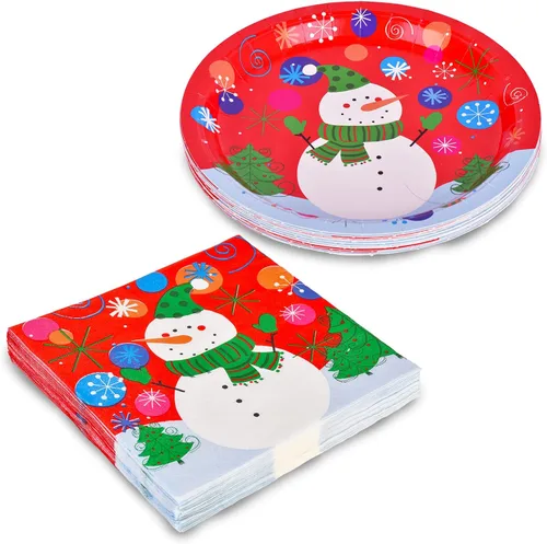 Miniatura 5 de Suministros de fiesta de Navidad Gatherfun, platos de papel desechables de muñeco de nieve para decoración de fiesta, platos y servilletas, sirven