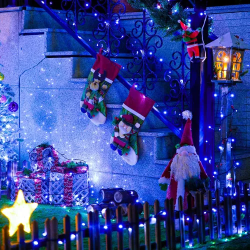 Miniatura 7 de JMEXSUSS 250 luces LED azules de Navidad: cadena de luces azules extensibles de 91.5 pies para interiores y exteriores, impermeable, con 8 modos