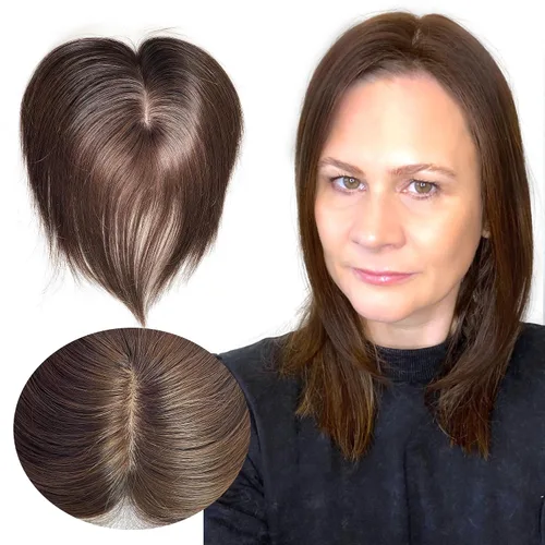 Miniatura 21 de Cubrecabello humano real de seda de 5 x 5.5 pulgadas, tamaño de la gorra, cobertura de corona de cabello lacio Remy, pieza de cabello atado a mano 2#