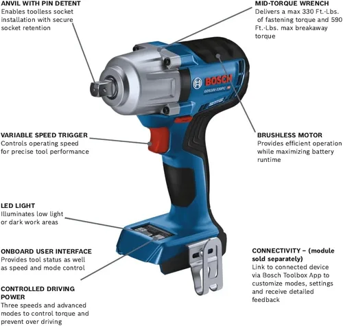 Miniatura 2 de BOSCH GDS18V-330PCN Llave de impacto de 18 V sin escobillas de 1/2 pulgada de par medio con retención de pasador (herramienta desnuda)