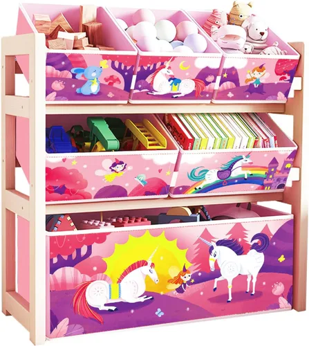 Jomifin Organizador de almacenamiento de juguetes para niños con 6 cubos grandes de almacenamiento para juguetes, estante de juguetes de madera para