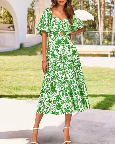 Miniatura 6 de BTFBM Vestidos de verano para mujer, estilo casual, fluido, para playa, cuello cuadrado, manga corta, espalda fruncida, bohemio, floral, largo