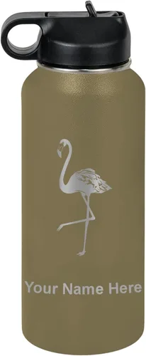 Miniatura 24 de LaserGram Botella de agua personalizada, flamenco, acero inoxidable de doble pared aislada al vacío con popote superior, regalo grabado