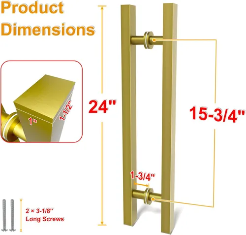 Miniatura 2 de Manijas Cuadradas de Titanio Dorado para Puerta de Granero 12"/24"/36"/48"/59", Manija Larga de Puerta Francesa de Empujar Tirar de Doble Cara, Oro