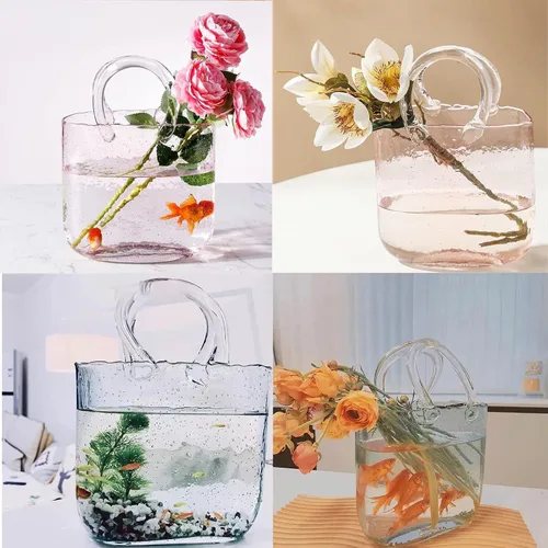 Miniatura 5 de Jarrón de mano, jarrones con asas, jarrón de vidrio en forma de florero, para arreglo floral, centro de mesa, decoración del hogar, estilo 1, azul