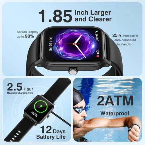 Miniatura 5 de Relojes inteligentes para mujeres y hombres, pantalla táctil HD de 1.85 pulgadas con alertas de llamadas y mensajes, monitor de frecuencia cardíaca