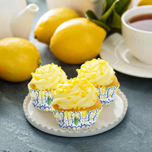 Miniatura 6 de Funrous 200 forros de papel para cupcakes de limón con azulejos azules, tazas de limón para hornear, encontró su principal decoración de despedida