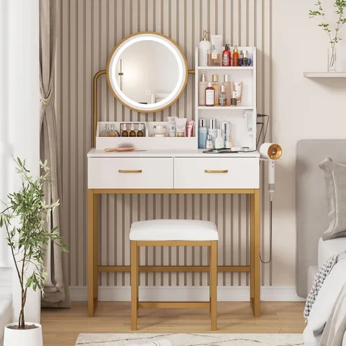 Miniatura 10 de Vabches Tocador de maquillaje con espejo redondo y luces, mesa de maquillaje blanca con estación de carga, mesa de tocador pequeña para dormitorio