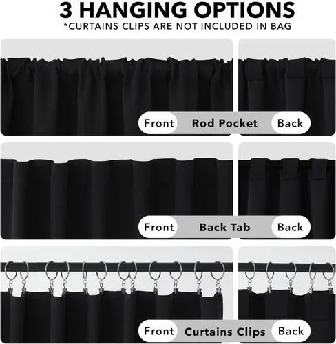 Miniatura 2 de Deconovo - Cortinas opacas con aislamiento térmico, 52 pulgadas de ancho x 72 pulgadas de largo, 2 paneles, con pestañas en la parte posterior, Negro