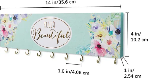 Miniatura 3 de SANY DAYO HOME Organizador de joyas montado en la pared, moderno soporte de madera con 9 ganchos de metal para collares, anillos, aretes, pulseras