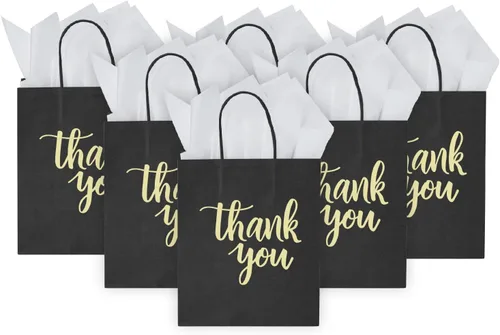 DjinnGlory Paquete de 50 bolsas de papel de agradecimiento negras de tamaño mediano con asas de 10 x 8 x 4 pulgadas y papel de seda blanco para Negro