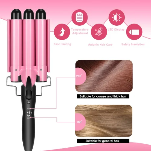 Miniatura 6 de Varita rizadora de 3 barriles de doble voltaje para rizar el cabello, rizadora de triple barril, 0.984 in, turmalina de cerámica