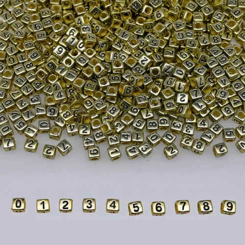 Más de 200 piezas de cuentas acrílicas de números en forma de cubo dorado de 6x6mm, números 0-9 mezclados, cuentas de plástico con forma para hacer