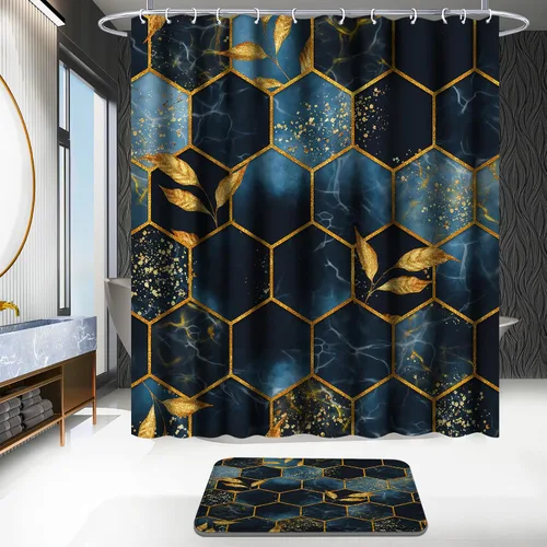 Miniatura 2 de Poedist Juego de 4 cortinas de ducha de baño, juegos de baño con alfombras (tapete de baño, forma de U y tapa de inodoro) y 12 ganchos, mármol