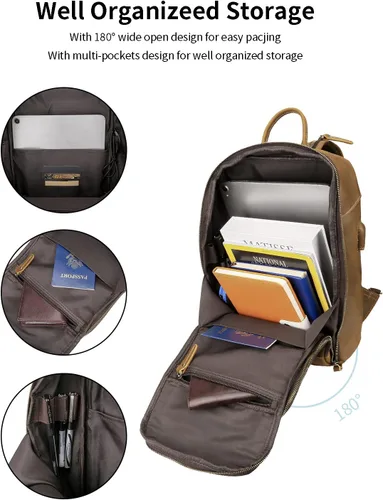 Miniatura 7 de Bolso de cuero genuino de grano completo vintage para hombres, mini tamaño mediano pequeño, con puerto de carga USB, Medium-camello, Mochilas Sling