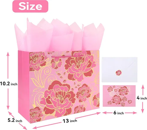 Miniatura 2 de Juego de Bolsa de Regalo Rosa Grande de 13" con Tarjeta de Felicitación y Papel de Seda (Flores con Trazos de Papel Aluminio) para Celebrar Rosa