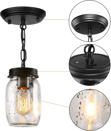 Miniatura 4 de Lámparas de Tarro de Vidrio Estilo Mason, Lámpara Colgante de 1 Luz para Isla de Cocina, Luminaria Estilo Granja Cerca del Techo para Cocina, 1