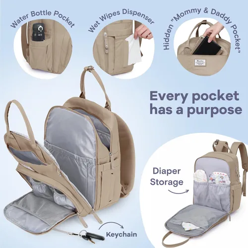 Miniatura 3 de RUVALINO Mochila para pañales - Mochila de viaje multifunción para bebé con cambiador, portabotellas aislados y estuche para chupete, gran Arcilla