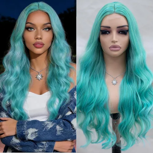 Miniatura 2 de Pelucas de encaje frontal de color azul y verde, pelucas de ondas sueltas para mujeres de moda, resistentes al calor, pelucas rizadas naturales