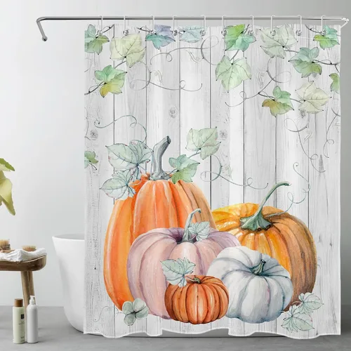 Miniatura 18 de LB Cortina de ducha de flores blancas y moradas para baño, lindo pájaro y hojas de otoño sobre tela beige con ganchos, juego botánico floral