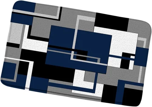 Alfombra de baño geométrica azul negro, blanco y gris, abstracta minimalista de líneas geométricas de mediados de siglo, alfombra de baño, alfombra