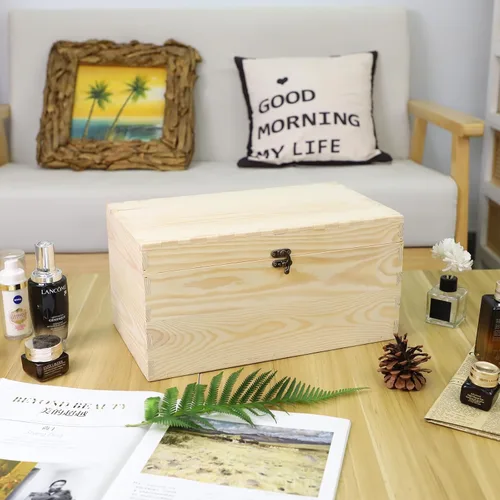Miniatura 2 de JJSQ Caja Grande de Almacenamiento de Madera con Tapa con Bisagras Rectangular Sin Terminar Sin Pintar Caja de Madera para Almacenamiento de 13.8 x
