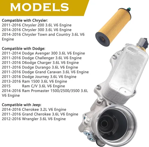 Miniatura 4 de Carcasa de filtro de aceite del enfriador de aceite del motor MEJORADA con arandela de flúor compatible con Chrysler 200 300 2011-2016, Dodge