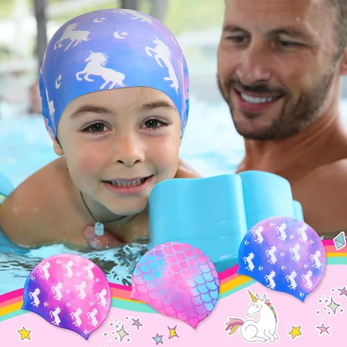 Miniatura 7 de Syhood Gorras de natación para niños, 3 unidades, impermeables, gorro de natación de dibujos animados para cabello largo y corto, para niños y niñas