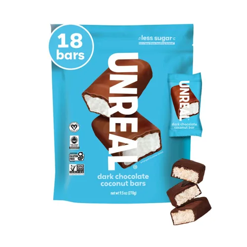 UNREAL Barras de Chocolate Oscuro con Coco (Bolsa Tamaño Económico) | Veganas, 3g de Azúcar y 3 Ingredientes Simples | Sin OMG, Sin Gluten y