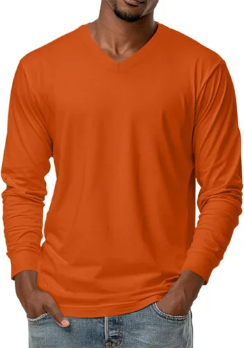 Miniatura 8 de Camiseta para hombre, manga larga, cuello en V, color liso, informal, básica, suave, elástica, M-3XL