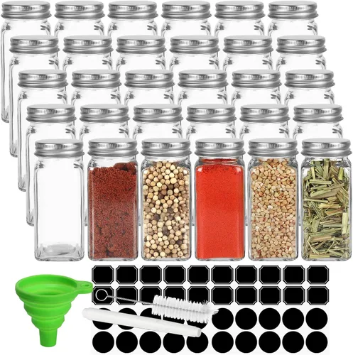 Paquete de 30 frascos de vidrio para especias de 4 oz con etiquetas, botellas de especias cuadradas vacías, recipientes para condimentos con tapas