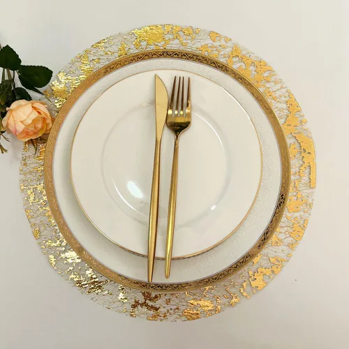 Miniatura 8 de Manteles Individuales Desechables Black Gold de 13 Pulgadas Redondos de Papel Metálico Prensado, Paquete de 24 Doilies Manteles Delgados para Mesa