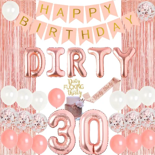 Decoraciones de fiesta de cumpleaños número 30 para ella, pancarta de oro rosa sucio de los treinta globos para tartas, suministros de fiesta de