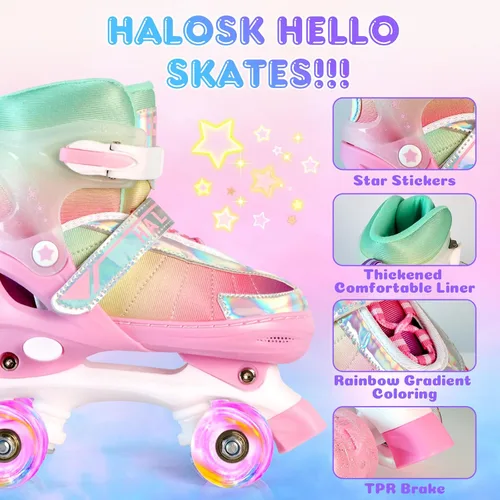 Miniatura 4 de Patines de ruedas para niñas principiantes de 5 a 12 años, patines de cuatro ruedas ajustables color rosa morado arcoíris para jóvenes con todas