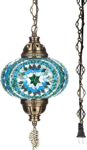 DEMMEX Lámpara Colgante de Techo Enchufable de Mosaico Turco Marroquí – Luminaria Tipo Swag con Cable de 15 pies y Cadena, Vidrio Artesanal, Estilo