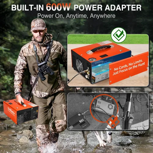 Miniatura 2 de Compresor de aire PCP 4500PSI/30MPA, bomba de llenado rápido sin aceite de 350W con apagado automático, alimentación dual 12V DC y 110V/220V AC