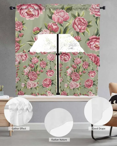 Miniatura 3 de Juego de cortinas de cocina con festón floral verde salvia, cenefa y nivel, 24 pulgadas de largo, diseño retro de flores rosa pastel, cortinas