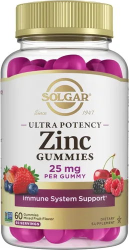 Solgar Gomitas de zinc para adultos con 25 mg de citrato de zinc de ultra potencia para apoyo inmunológico, sabor mixto de frutas, veganas, kosher y