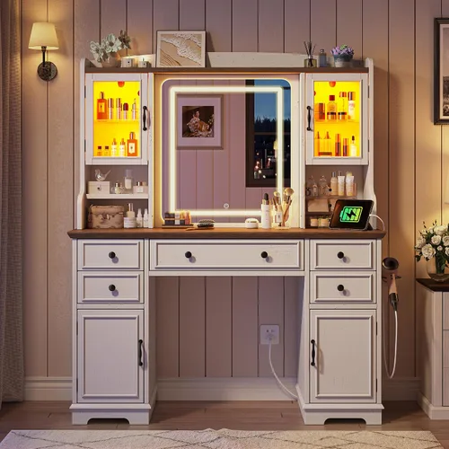 Miniatura 4 de EnHomee Escritorio de tocador con espejo y luces, escritorio de maquillaje blanco de 43 pulgadas con 5 cajones y 2 gabinetes de vidrio RGB, 3 luces