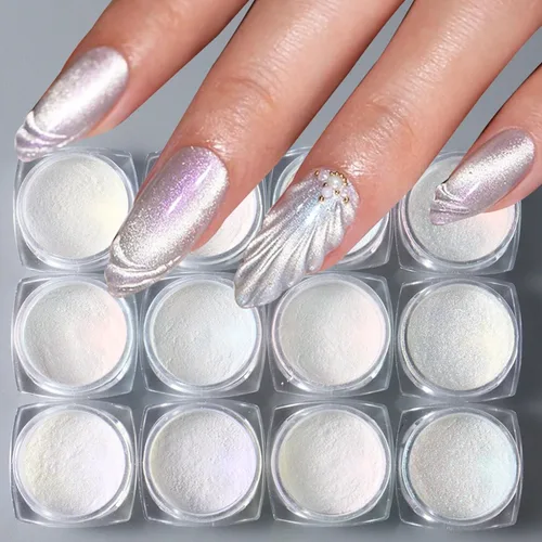 Miniatura 6 de WOKOTO Polvo de uñas de cromo perla blanca para arte de uñas, efecto espejo holográfico Aurora, polvo cromado, concha iridiscente, pigmento de arte