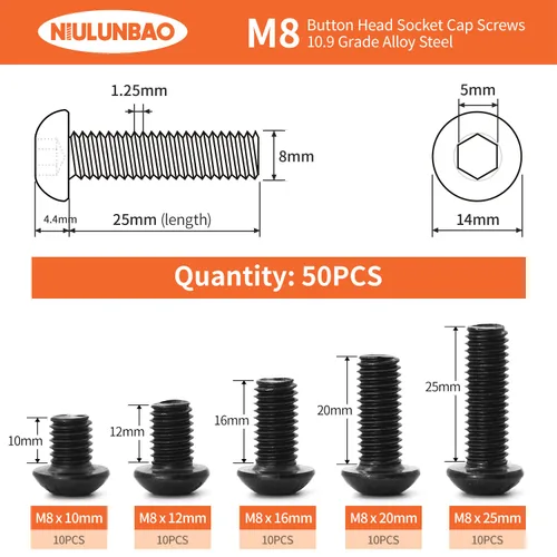 Miniatura 2 de Tornillos de cabeza de botón M8 x 0.394 in 0.472 in 0.630 in 0.787 in 0.984 in Tornillos de cabeza de botón Tornillos de acero de aleación de grado