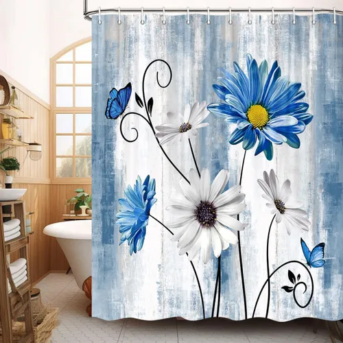 Miniatura 21 de JAWO Cortina de ducha con diseño floral de margaritas azules, cortina de ducha rústica de granja y mariposa en el campo, juego de cortinas de ducha