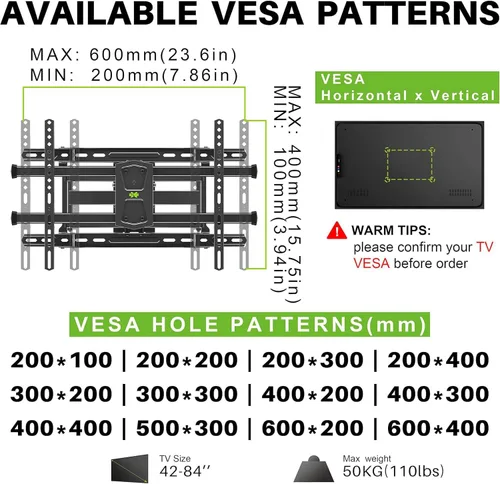 Miniatura 7 de USX MOUNT Soporte de pared para TV con certificación UL para televisores de 42 a 84 pulgadas de hasta 110 libras y pernos de madera de 8 a 24