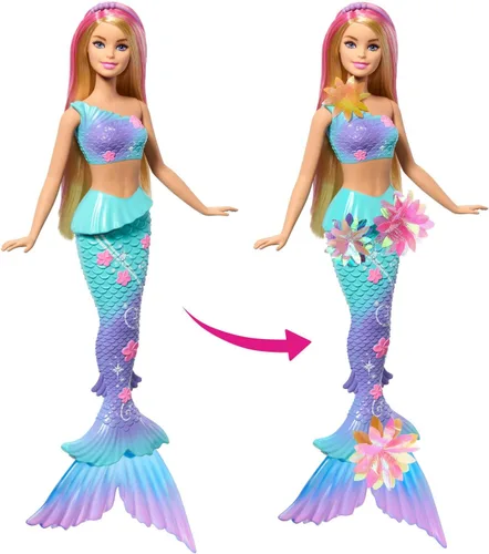 Miniatura 2 de Muñecas de juguete de sirena Barbie con función sorpresa de flores mágicas en flor, colas ombre, accesorio diadema de perlas y pelo largo rubio
