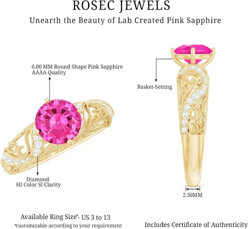 Miniatura 16 de Anillo de compromiso redondo de zafiro rosa cultivado en laboratorio certificado con diamante Calidad AAAA Anillo de estilo vintage para mujer