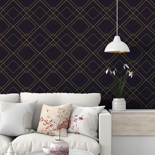 Miniatura 7 de CHIHUT Papel tapiz con forma de diamante negro y dorado para sala de estar, 17.7 x 236 pulgadas, papel tapiz moderno Art Deco para dormitorio, baño