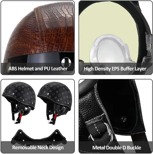 Miniatura 5 de Casco de motocicleta estilo alemán estilo retro medio casco de cuero medio abierto - aprobado por DOT para hombres y mujeres vintage motocicleta